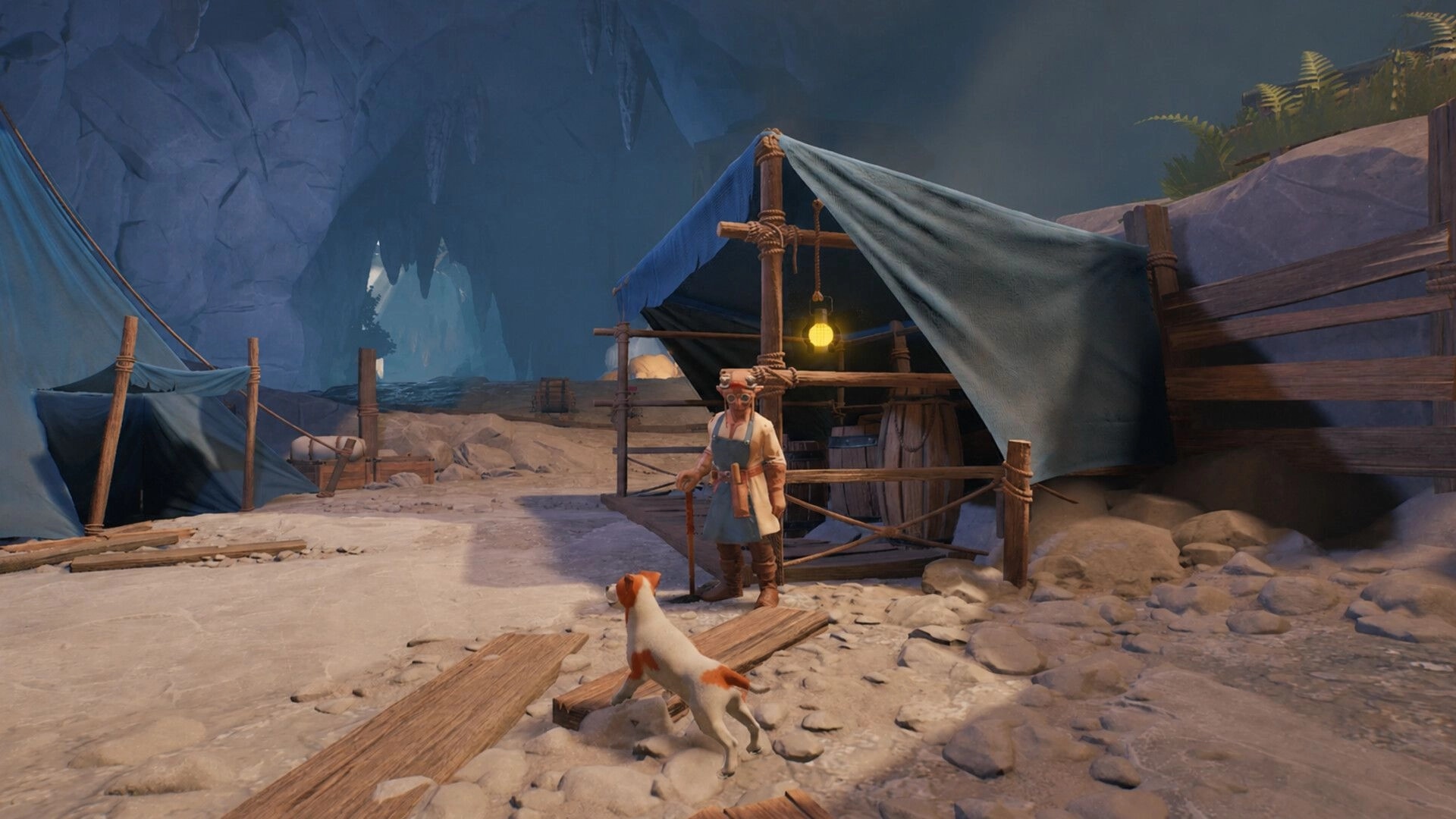 Toto’s Journey: Toto faces a goggled traveler by a lantern-lit tent camp inside a rocky cave path.