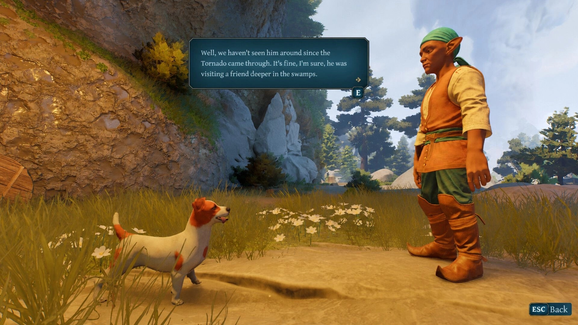 Toto’s Journey: Toto talks to an elf NPC via dialogue box in a sunny grassy clearing by cliffs.