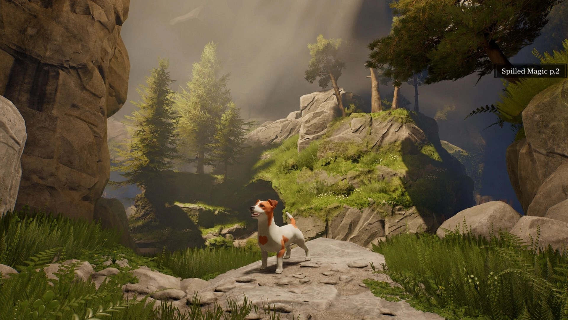 Toto’s Journey: Toto stands on a stone path in a misty rocky forest, quest text “Spilled Magic p.2”.
