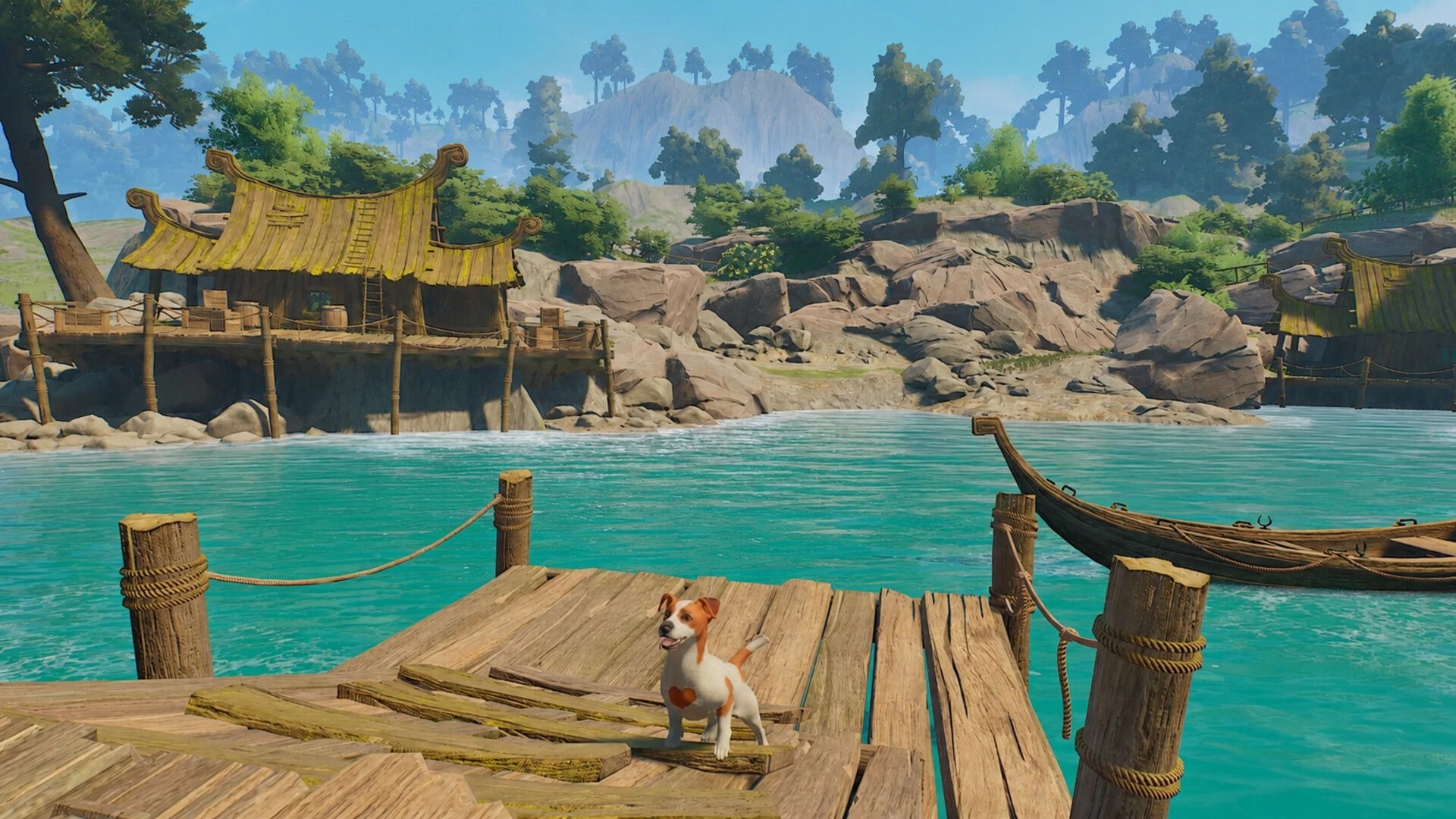 Toto’s Journey: Toto stands on a wooden dock by turquoise water, huts and rocky hills ahead.