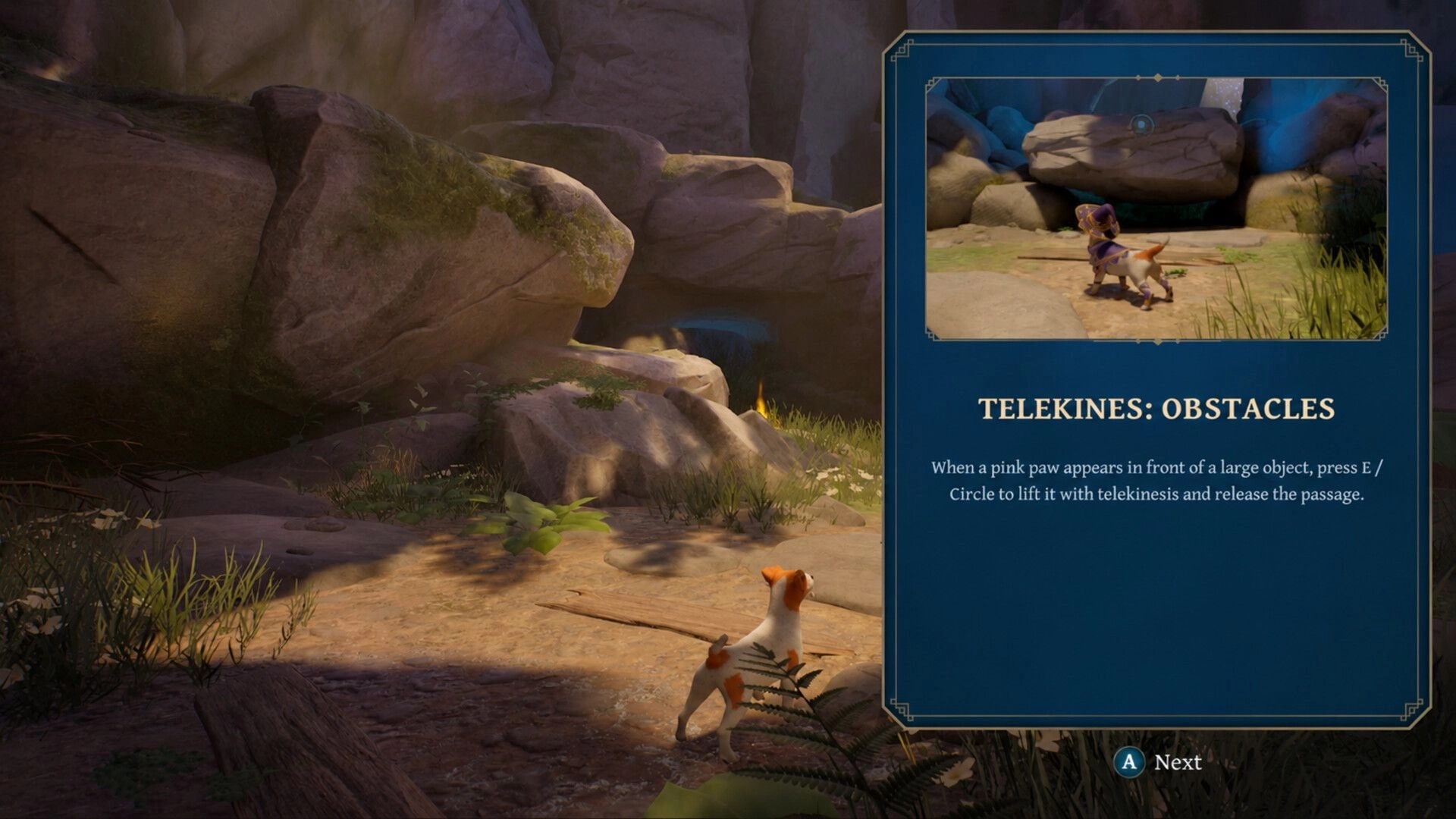 Toto’s Journey: Tutorial popup on telekinesis obstacles beside Toto in a rocky canyon path.