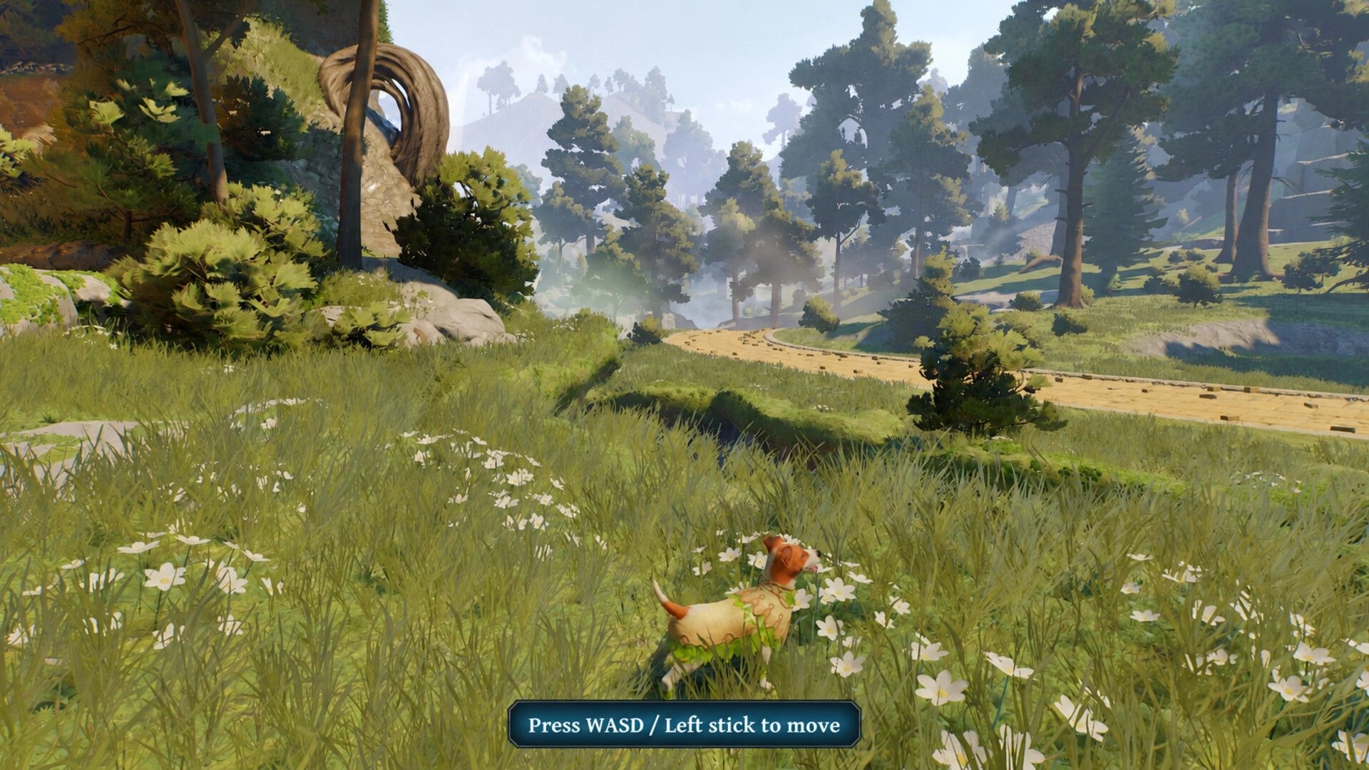 Toto’s Journey: Toto stands in a wildflower meadow near a winding path, with a WASD move prompt.