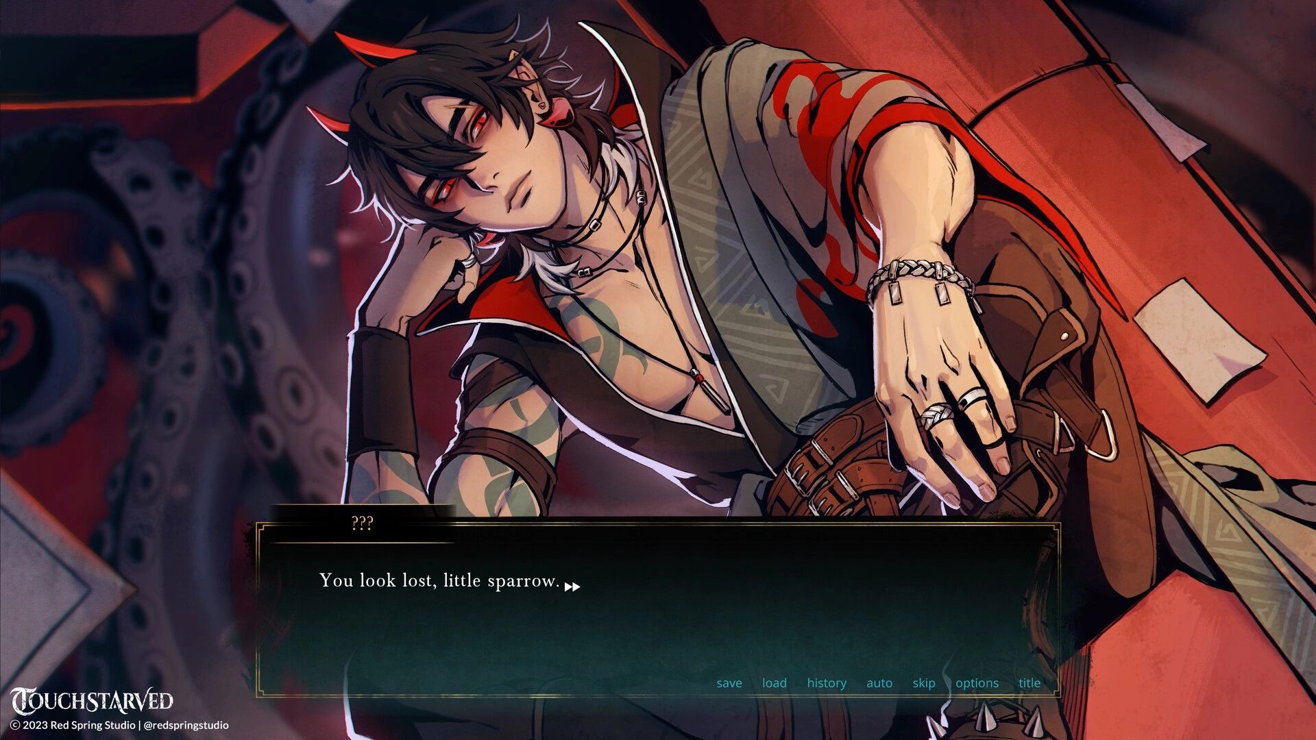 TOUCHSTARVED: Mysterious character with red horns speaks in dark, ornate room with dialogue options below.
