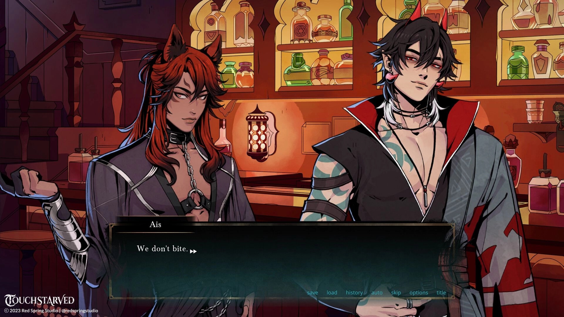 TOUCHSTARVED: Ais and Vesper in a dimly lit tavern, surrounded by shelves of colorful potion bottles.