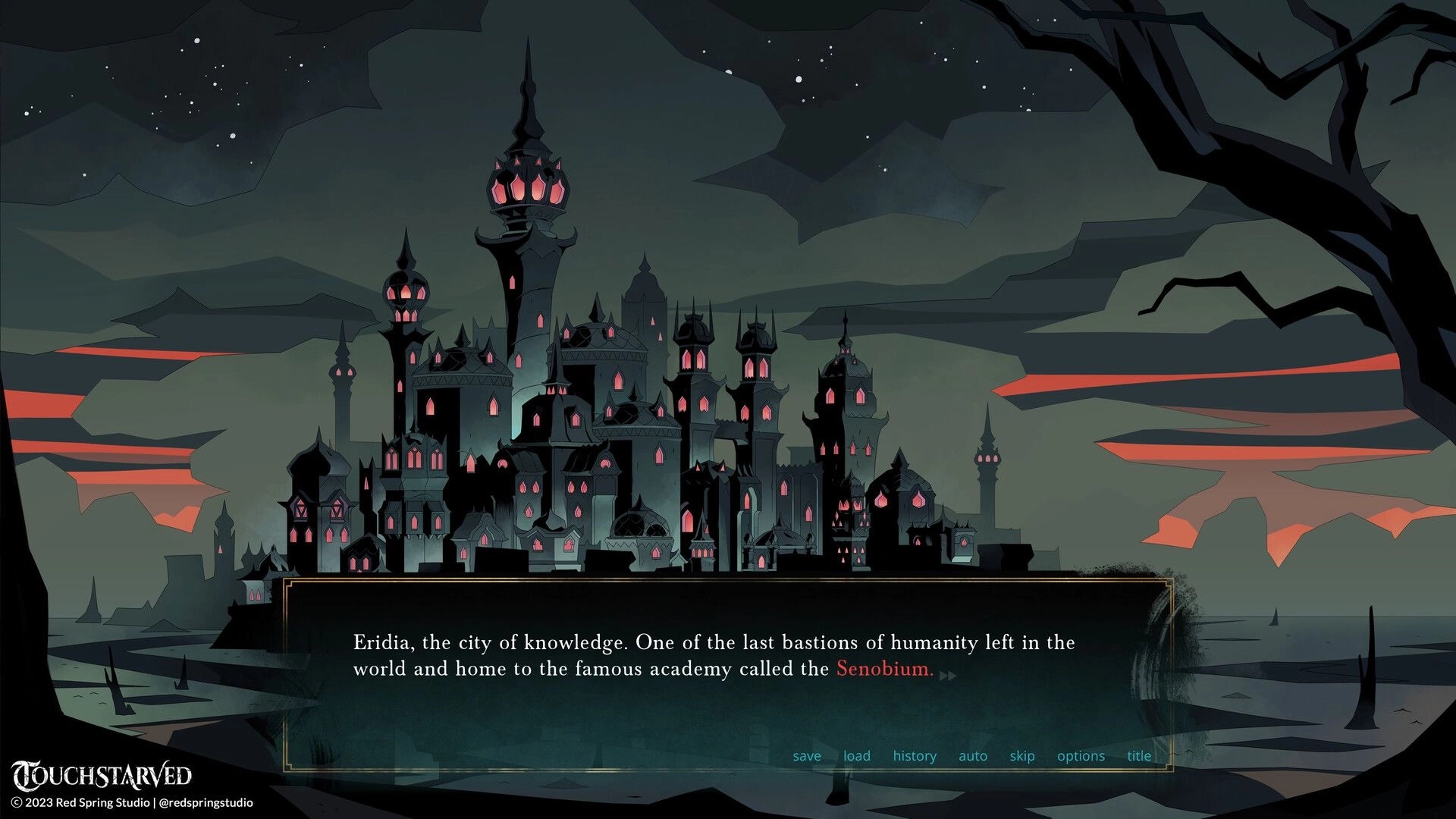 TOUCHSTARVED: Gothic cityscape of Eridia under a starry sky with dialogue and menu options displayed