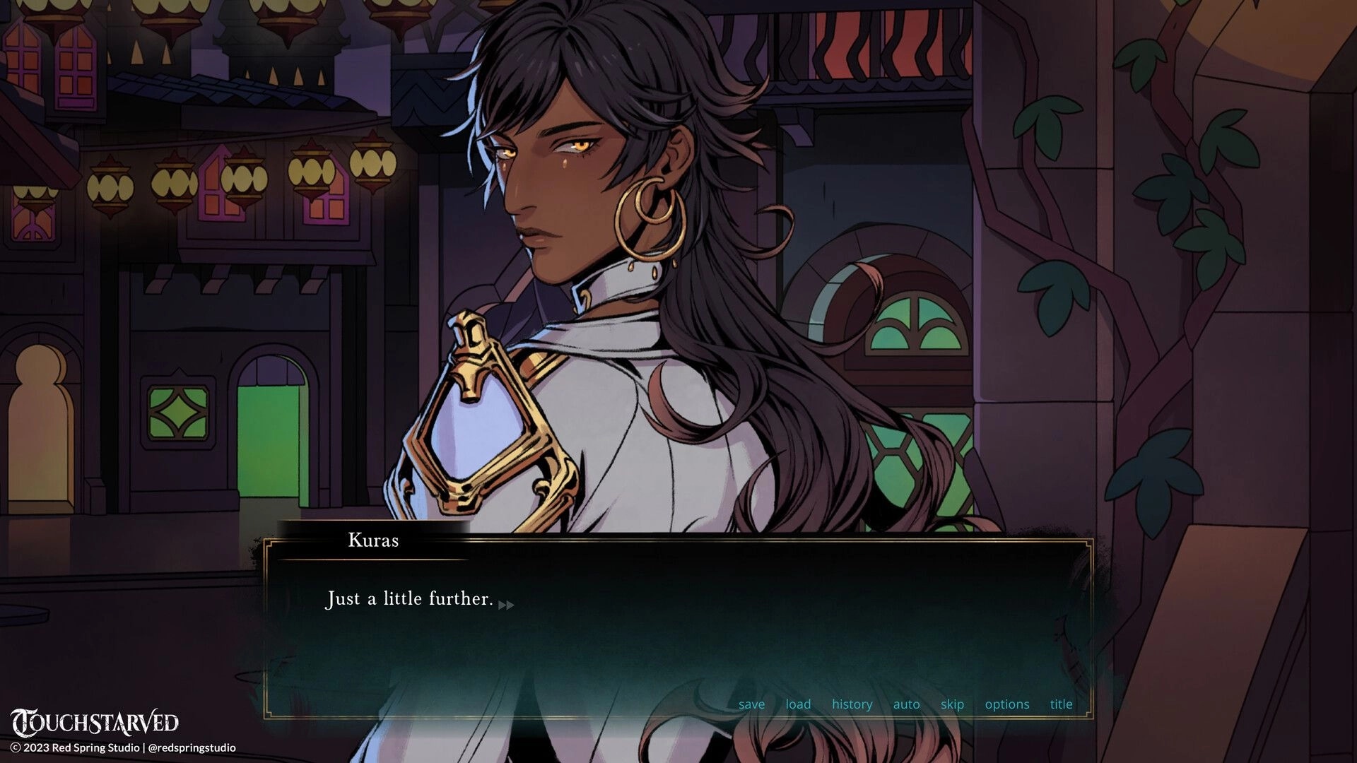 TOUCHSTARVED: Kuras stands in a lantern-lit street, dialogue box with options below in an enchanting city.
