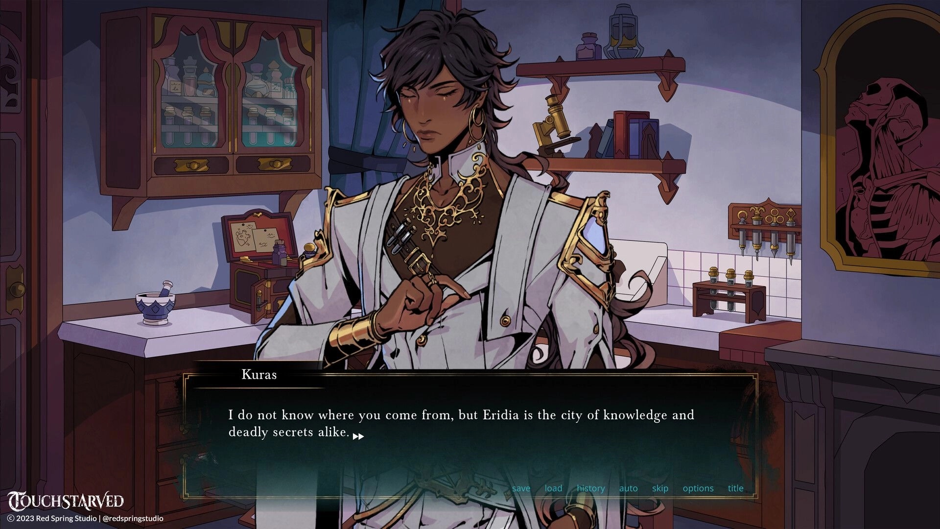 TOUCHSTARVED: Kuras in a potion-filled study discussing Eridia's secrets with dialogue options visible.