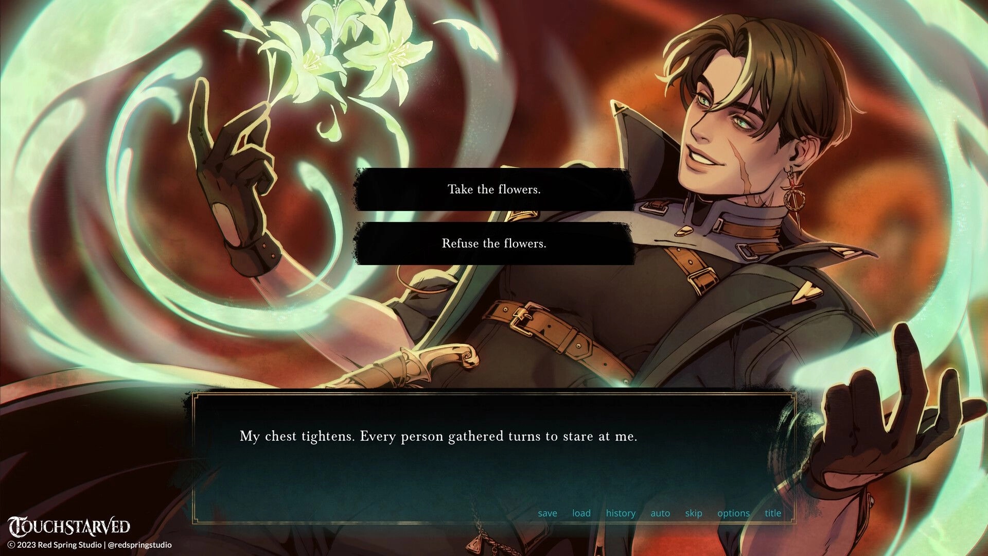 TOUCHSTARVED: Character offers glowing flowers with choice options in a mystical, swirling background.