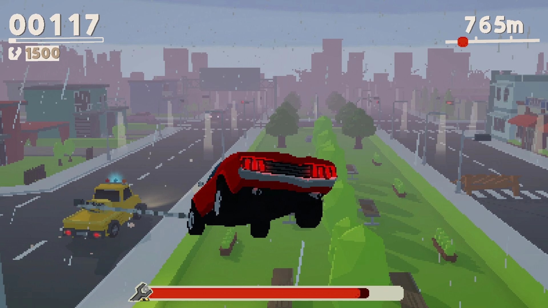 Tow Game: Towed car swings mid-air in cityscape with score and distance meters displayed