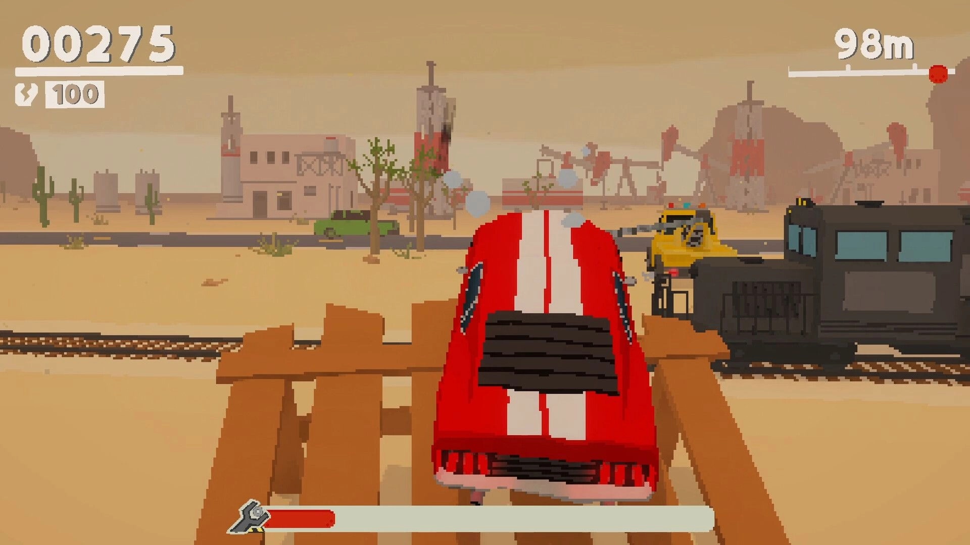 Tow Game: Red car towed by truck, racing over wooden bridge in desert with buildings and oil pumps