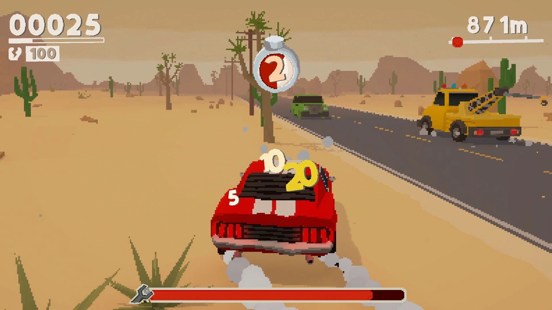 Tow Game: Red car being towed through desert with score and distance displayed on the screen