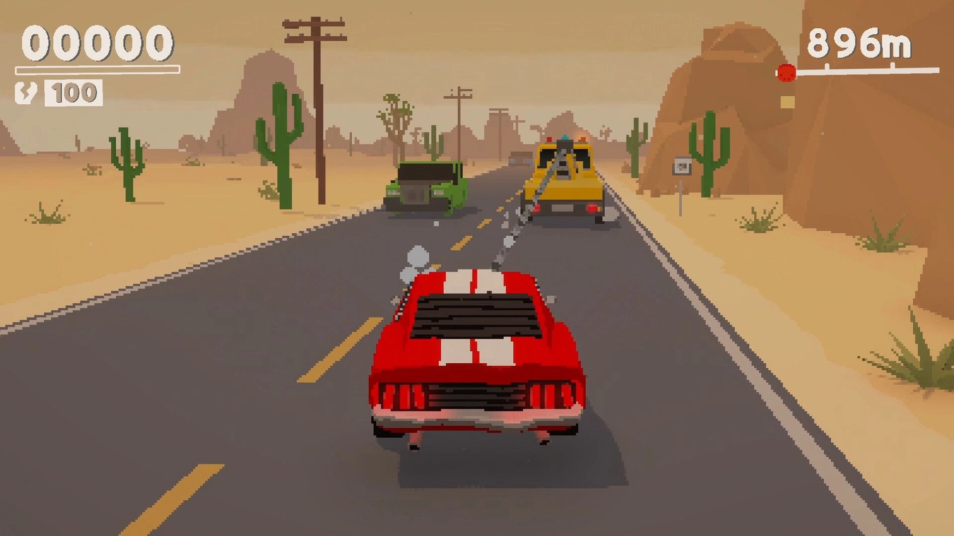 Tow Game: Red car being towed by a truck on desert highway with score and distance UI displayed