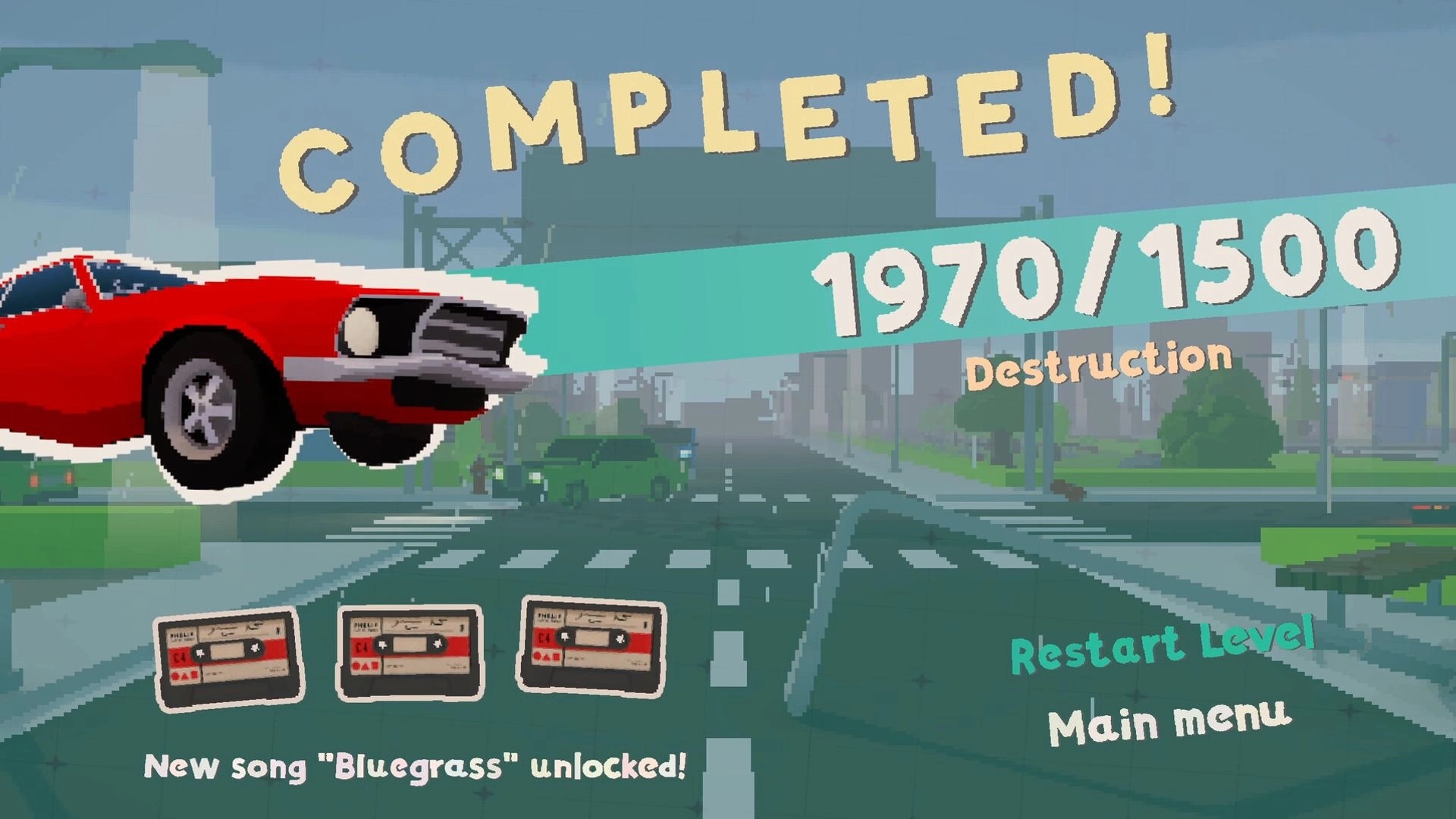 Tow Game: Level completed screen with red car, destruction score, and cassette tape rewards in city.