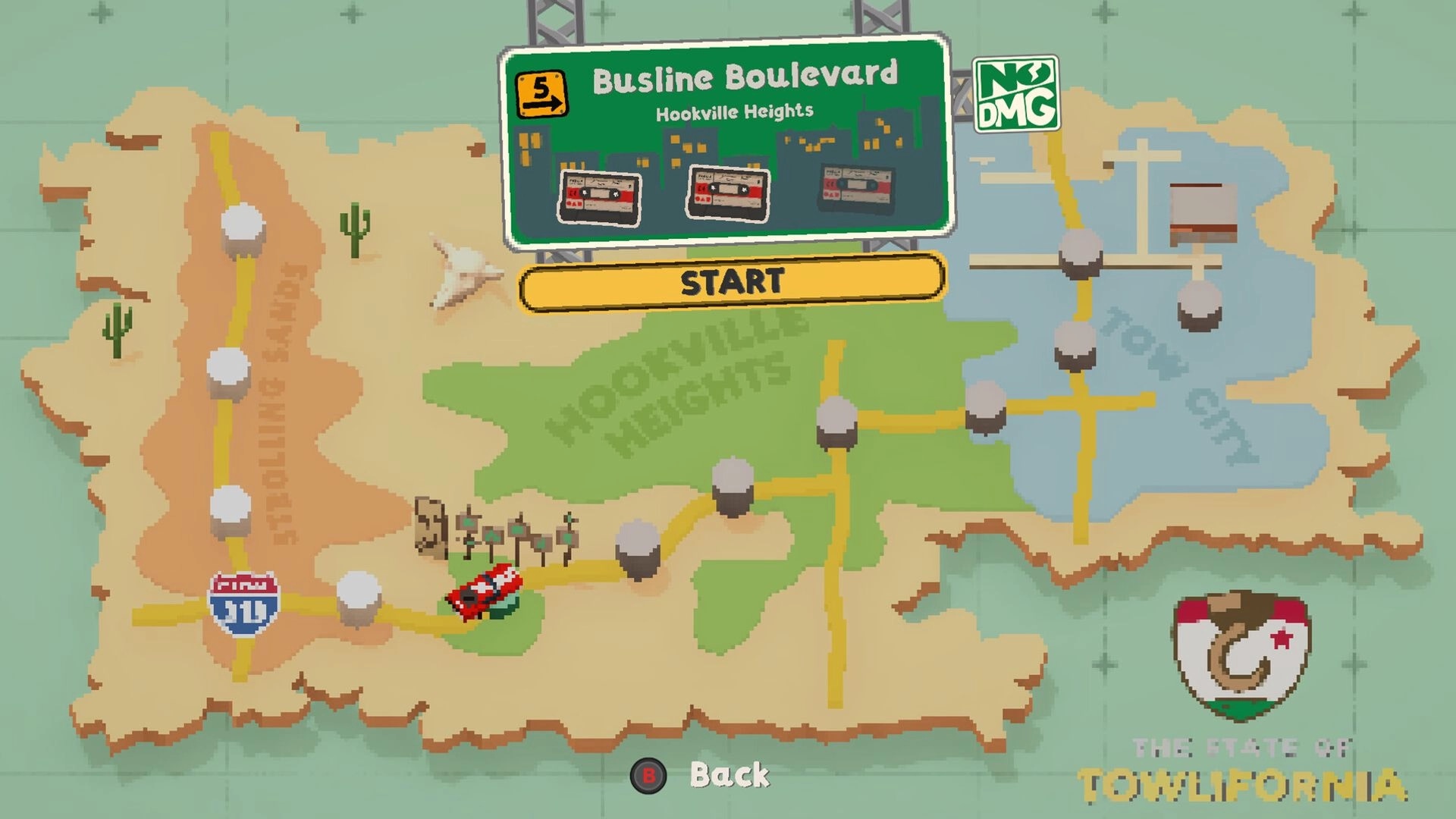 Tow Game: Map screen with selectable route to "Busline Boulevard" in Hookville Heights environment