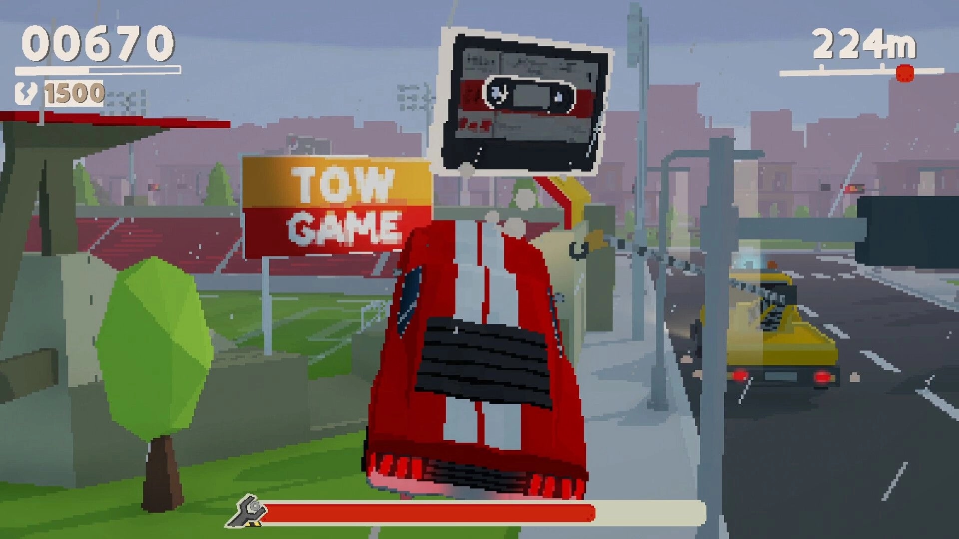 Tow Game: Red car swings from tow cable near stadium with scoreboard and distance meter visible