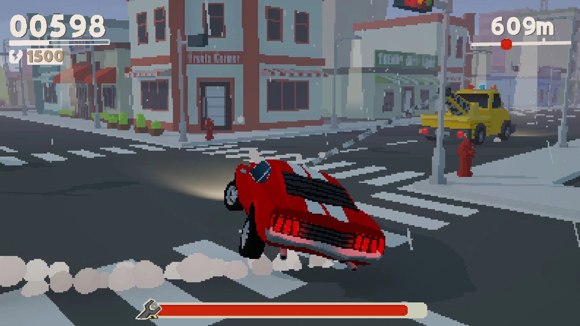 Tow Game: Red car being towed, drifting in city intersection with score and distance UI displayed