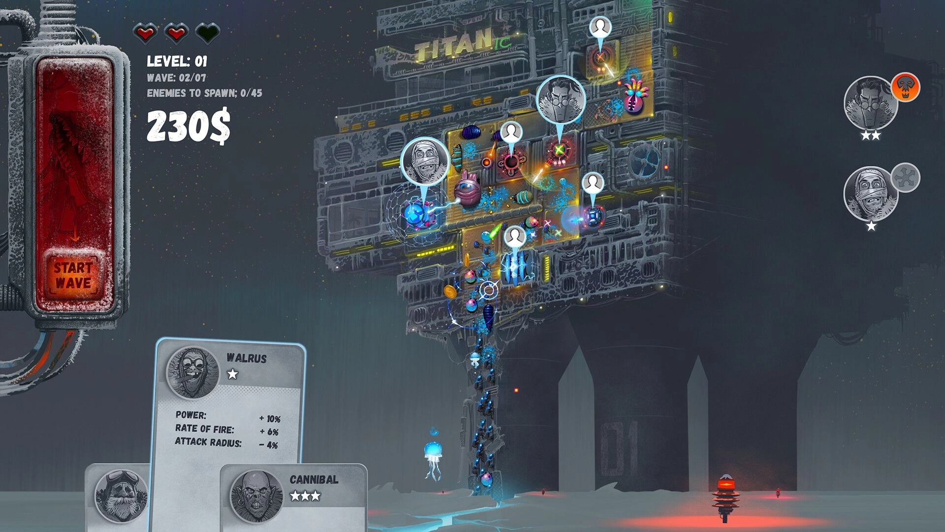 Tower Petroleum: Tower defense with character cards and enemy paths in a futuristic industrial setting