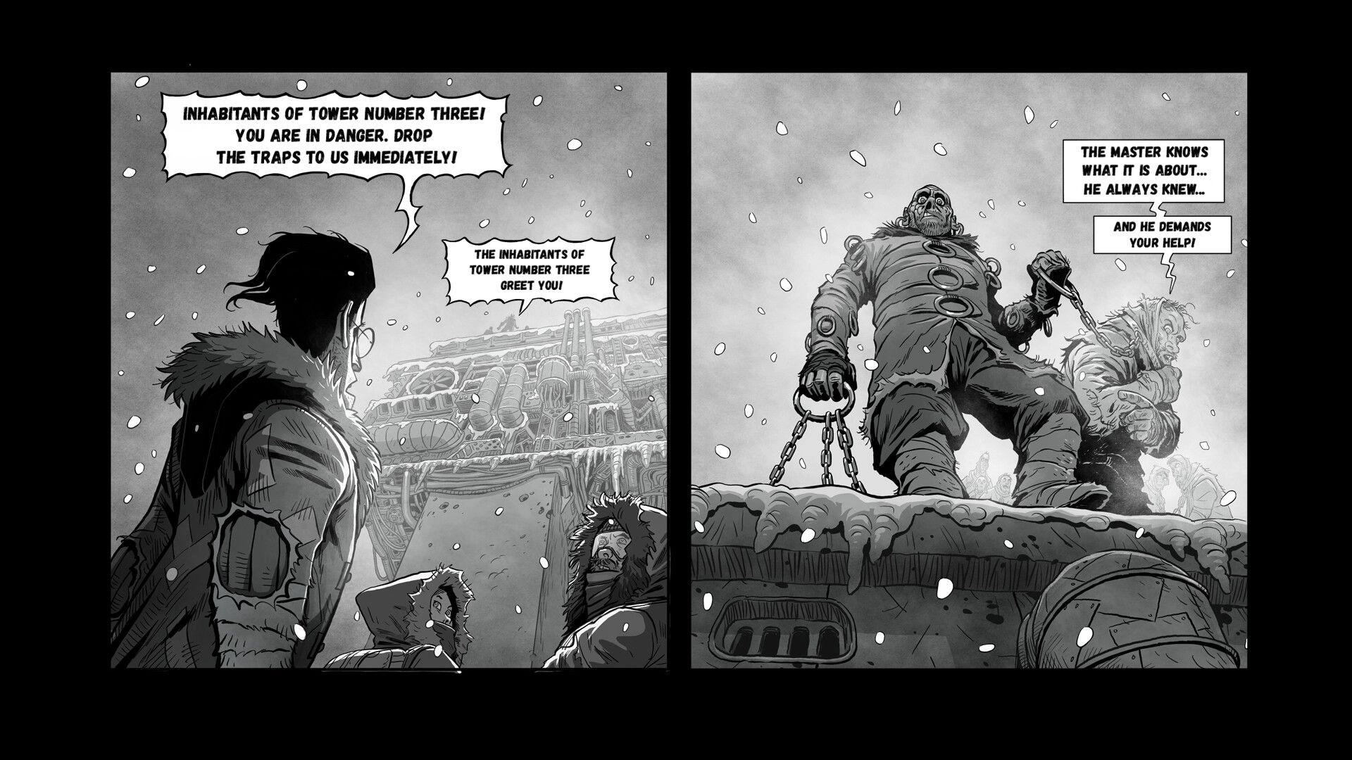 Tower Petroleum: Characters in snowy wasteland face off, communicating between towers amidst falling snow.