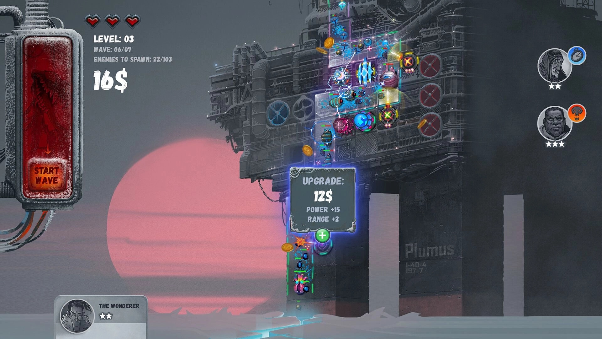 Tower Petroleum: Tower defense with upgrade menu on industrial rig against pink sunset backdrop