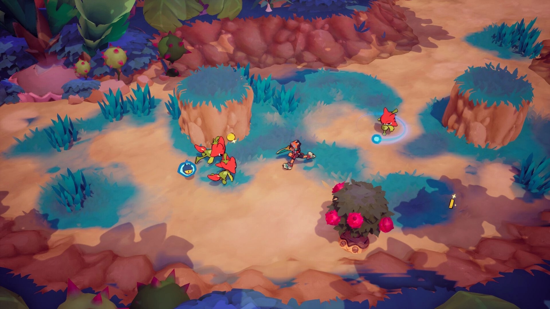 Town of Zoz: Ito battles red sprout enemies with sword swings in a sandy clearing with bushes.