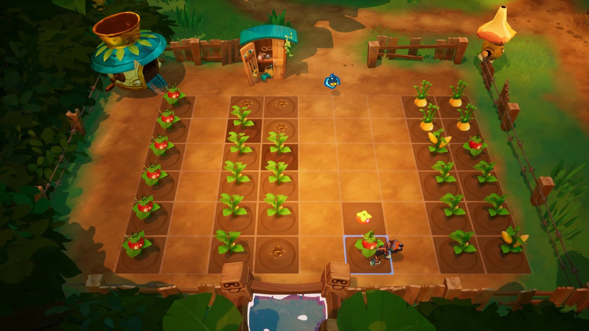 Town of Zoz: Player tends grid-based garden plots with sprouts and turnips inside a fenced farmyard.