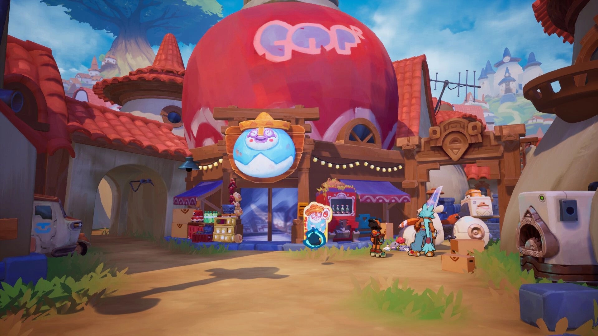 Town of Zoz: Two characters stand by a market stall with a smiling sign in a sunny village street.