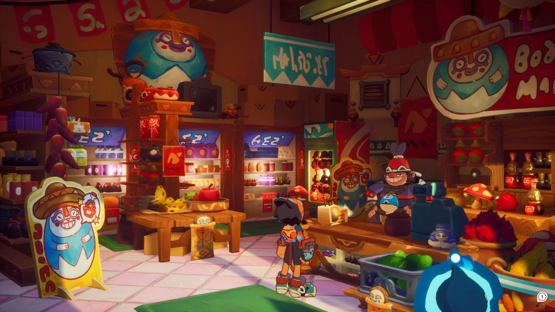 Town of Zoz: Ito stands at a bustling market counter with fruit displays and a smiling shopkeeper inside shop.