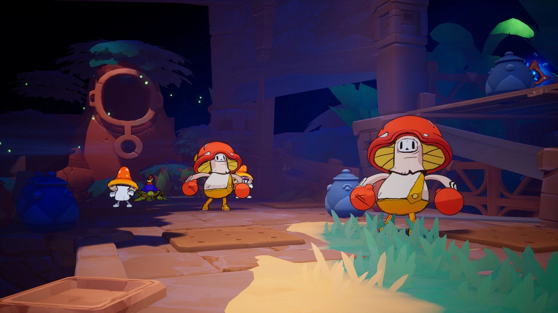 Town of Zoz: Mushroom-headed enemies with red boxing gloves patrol a moonlit stone ruin courtyard.