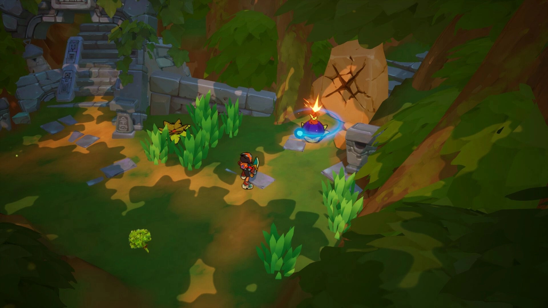 Town of Zoz: Adventurer approaches glowing blue orb by cracked boulder in leafy stone ruins clearing.