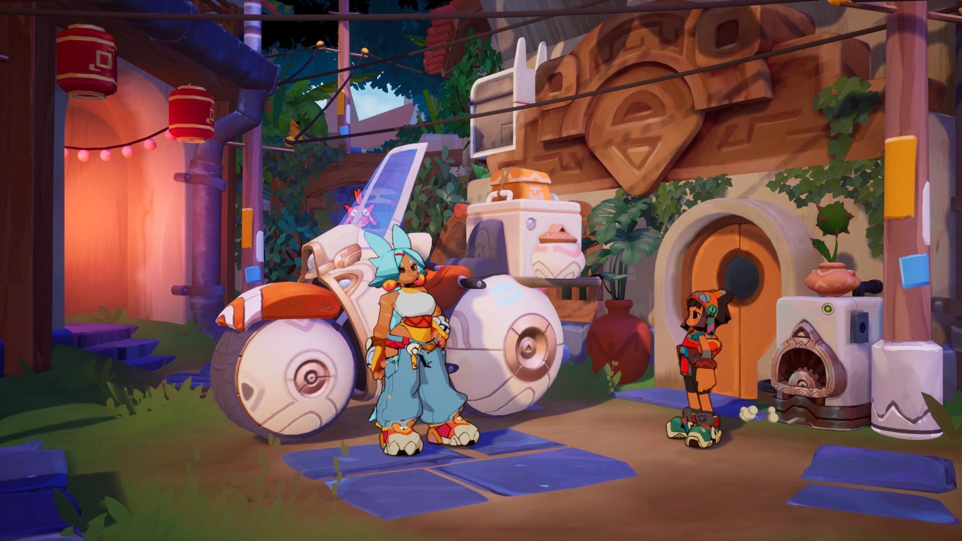 Town of Zoz: Two characters stand by a scooter outside a carved stone house with vines and lanterns.