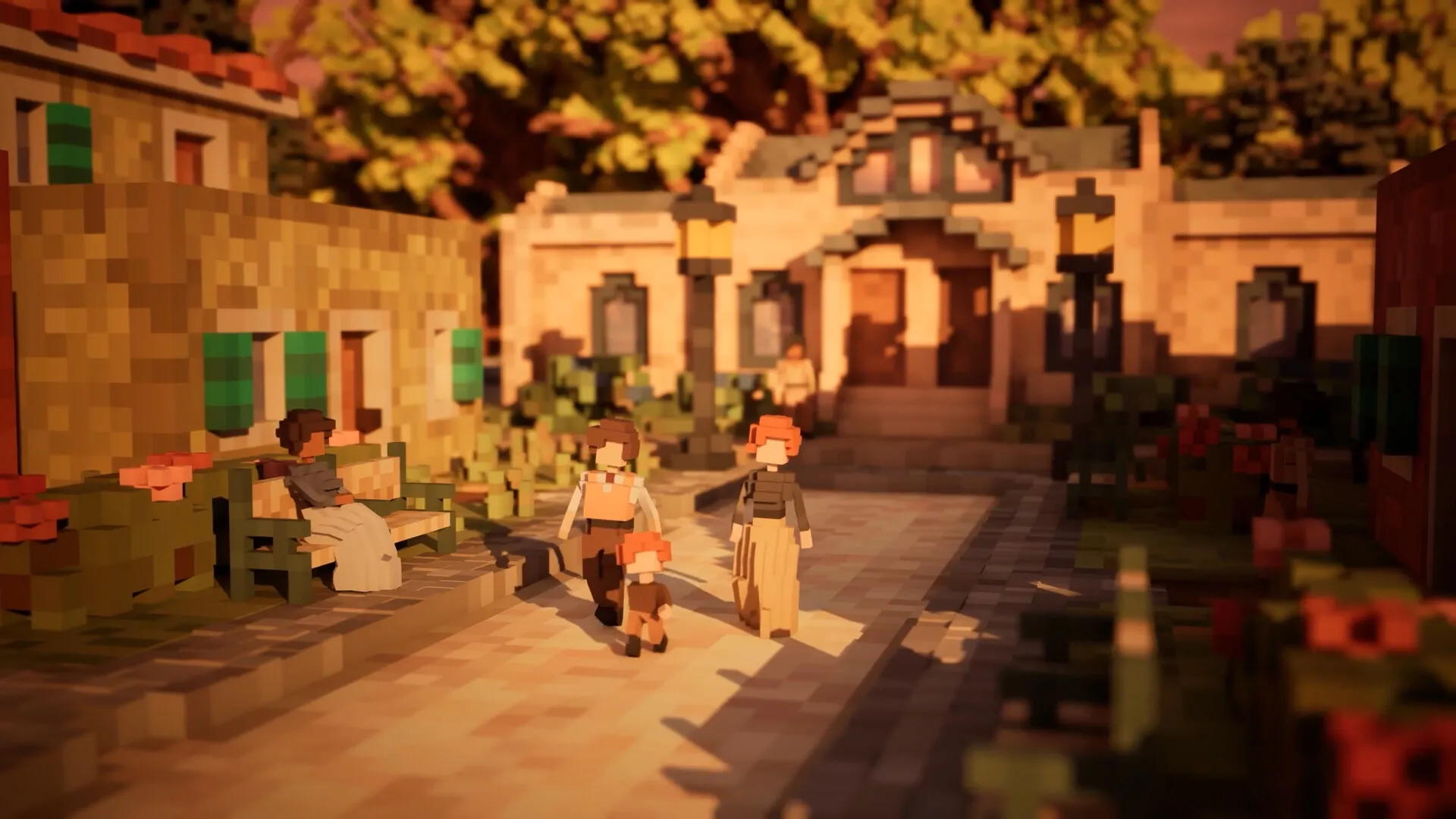Town to City: Family strolls in sunlit Mediterranean town square with pixelated villas and lush greenery.