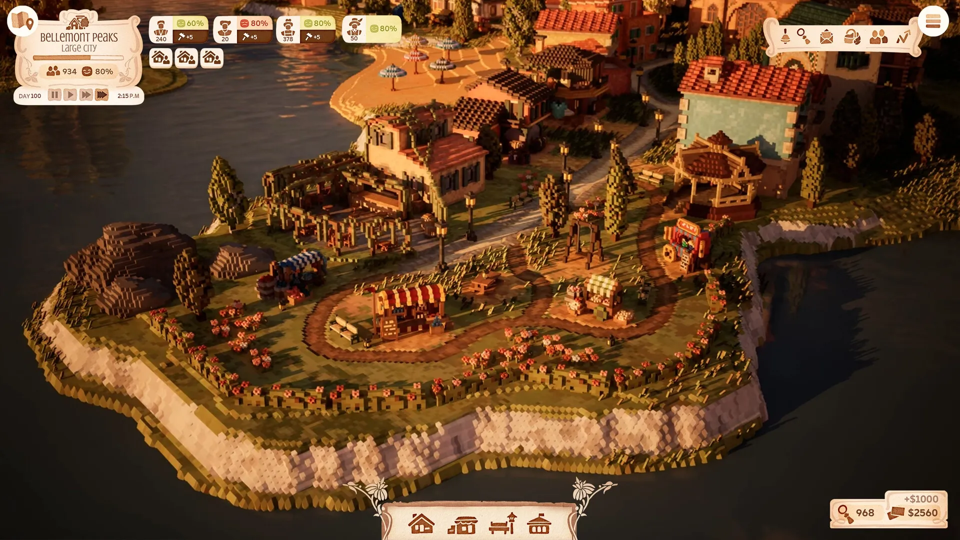 Town to City: Idyllic coastal town with buildings, market stalls, and UI resource indicators visible.