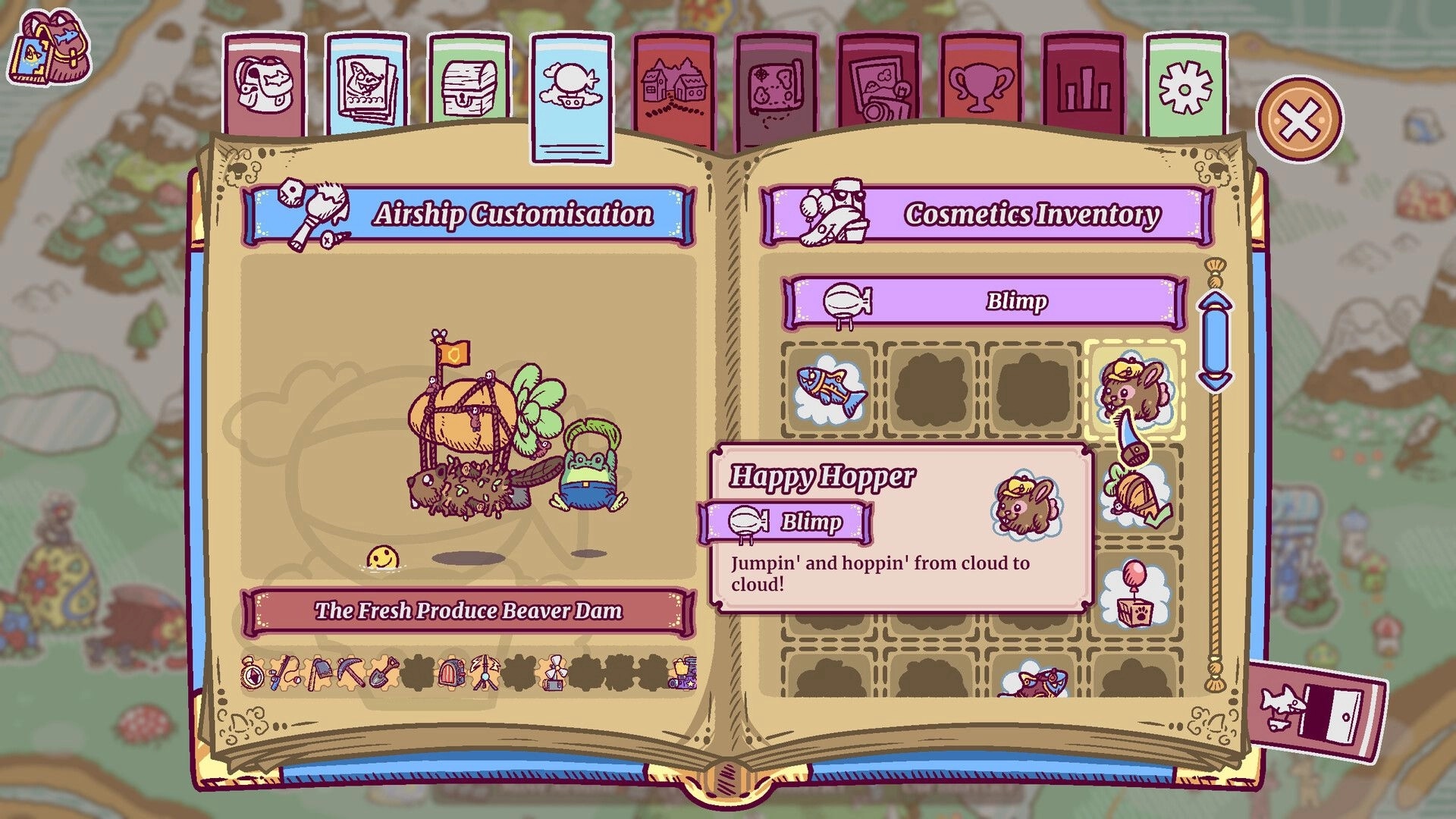 Townseek: Airship customization menu with Happy Hopper blimp and cosmetics inventory in Explora map