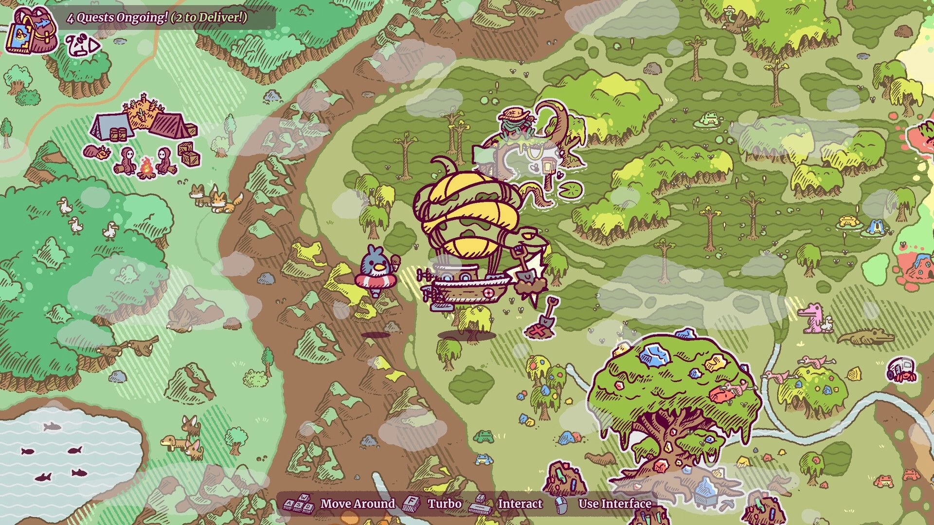 Townseek: Airship travels above vibrant forest map with a campfire and animals, quest details visible