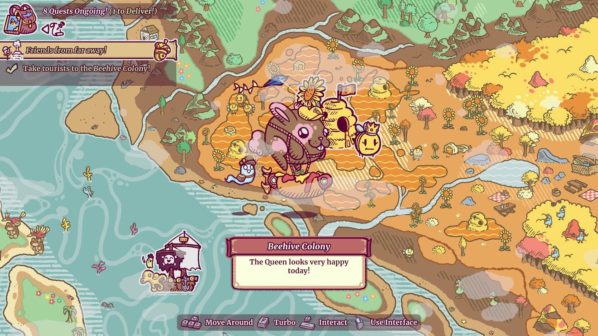 Townseek: Airship travels over Beehive Colony map with quests and happy queen dialogue displayed