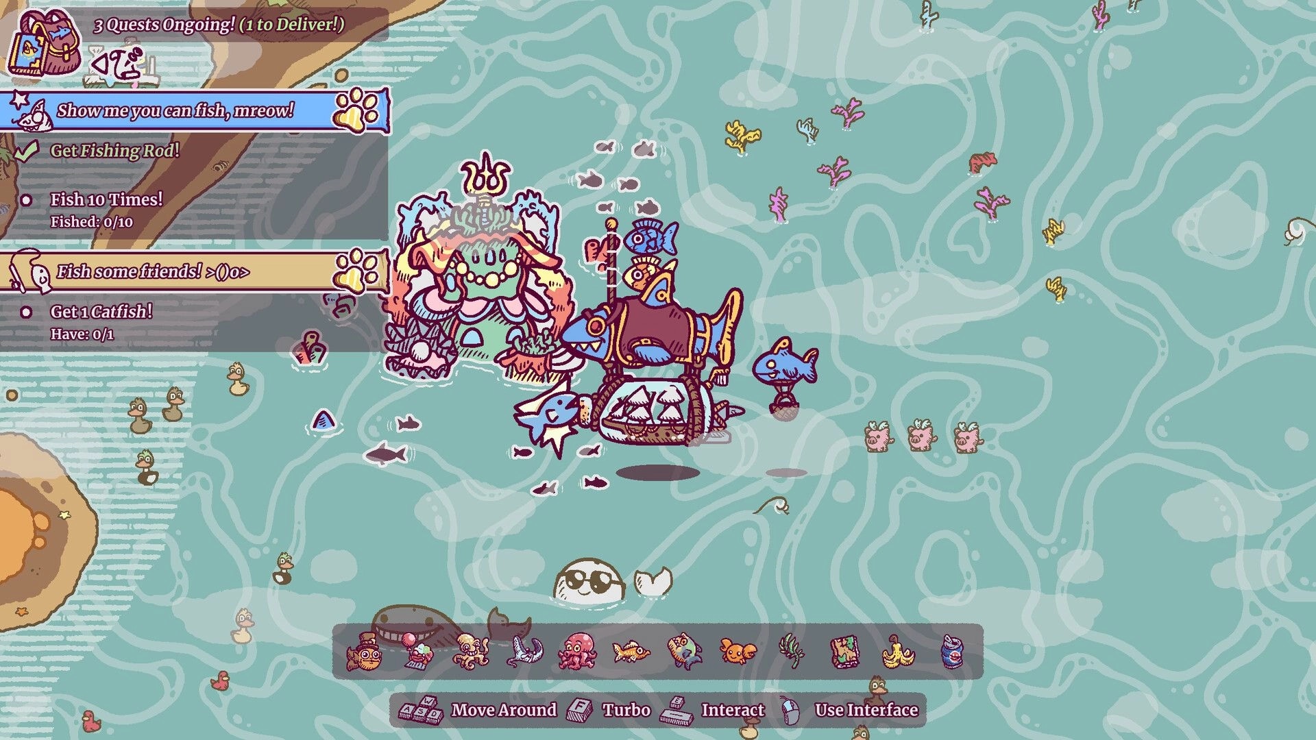 Townseek: Quests panel and character fishing in whimsical ocean setting with map and icons visible