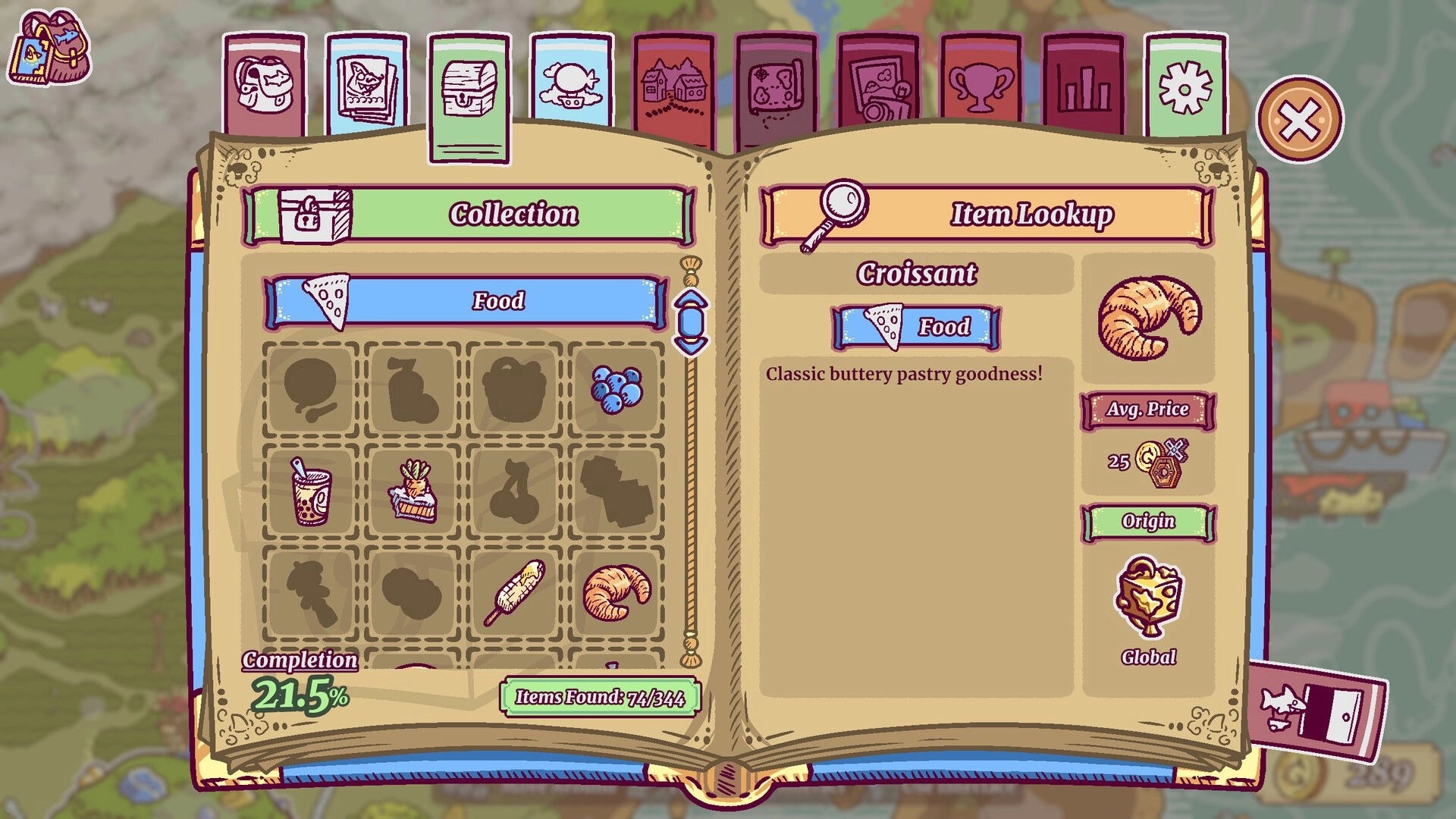 Townseek: Collection and item lookup menus showing food items and croissant details with map background.