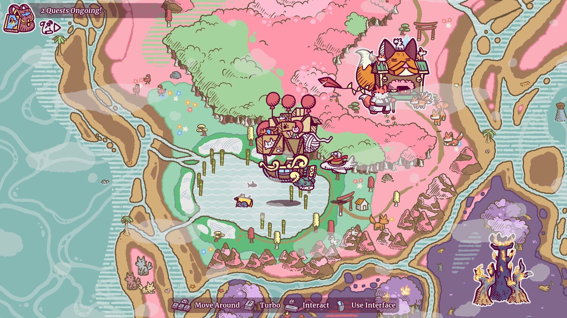 Townseek: Airship travels over colorful landscape with quests indicator and navigation controls visible.