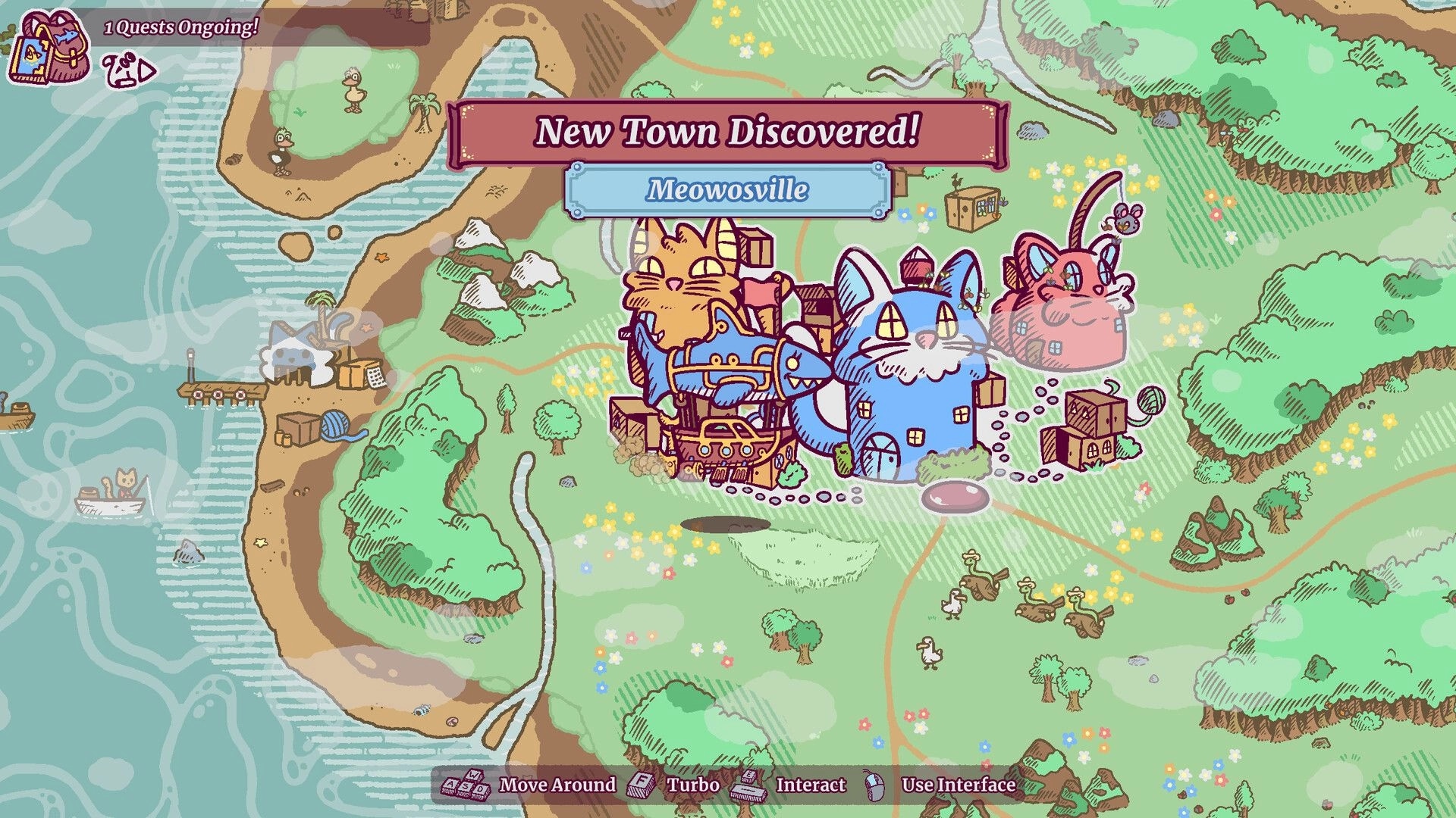 Townseek: Discovering Meowosville on map with cat-shaped buildings and vibrant landscape