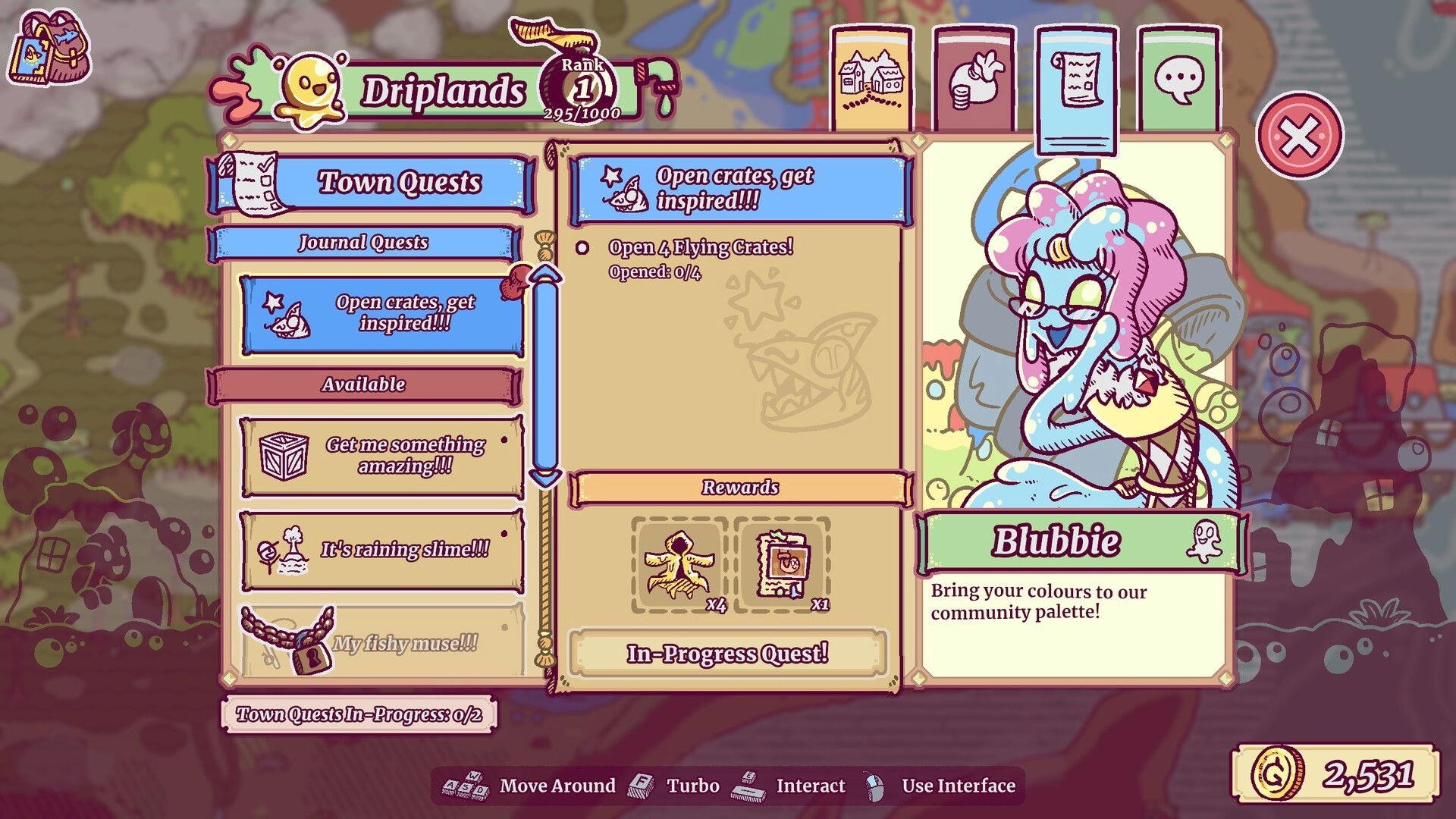 Townseek: Quest menu in Driplands with Blubbie character and current objectives displayed