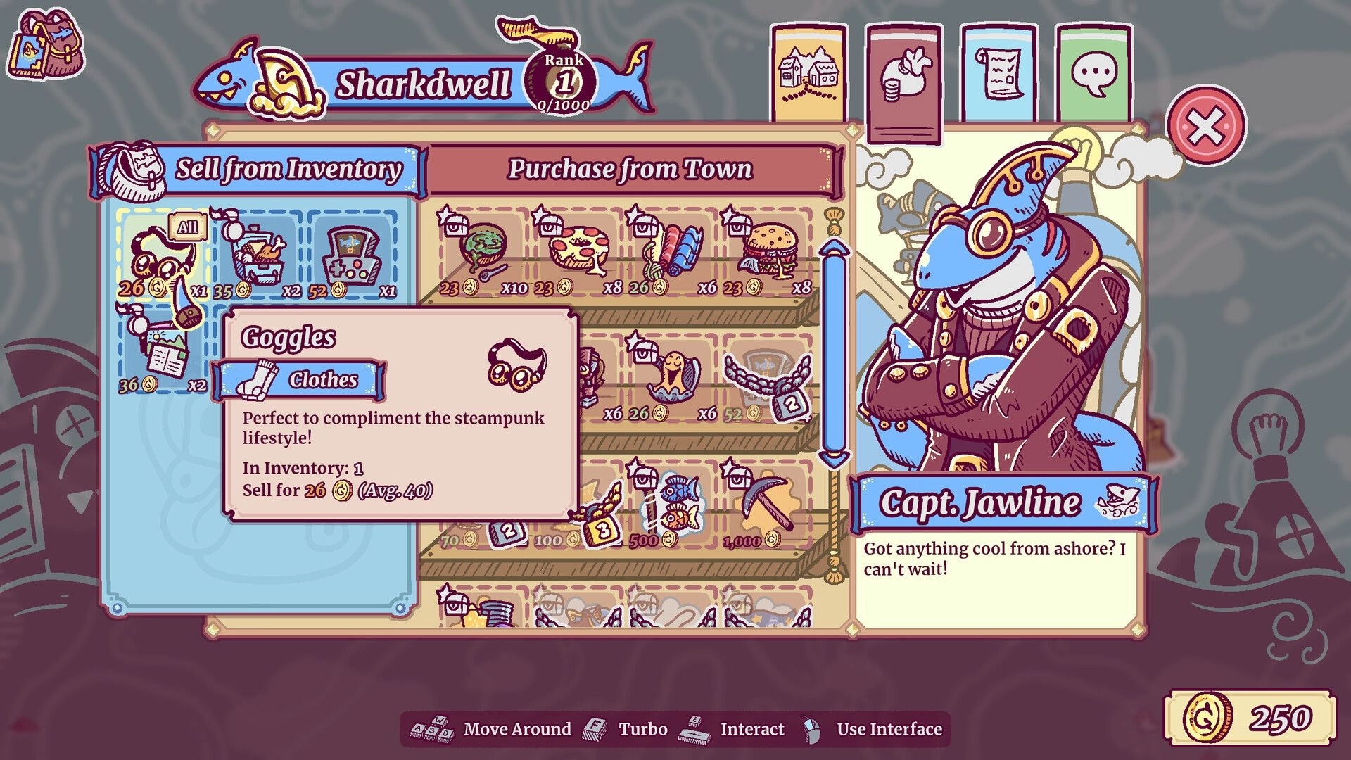 Townseek: Trade menu with Capt. Jawline offering items in Sharkdwell's vibrant market setting