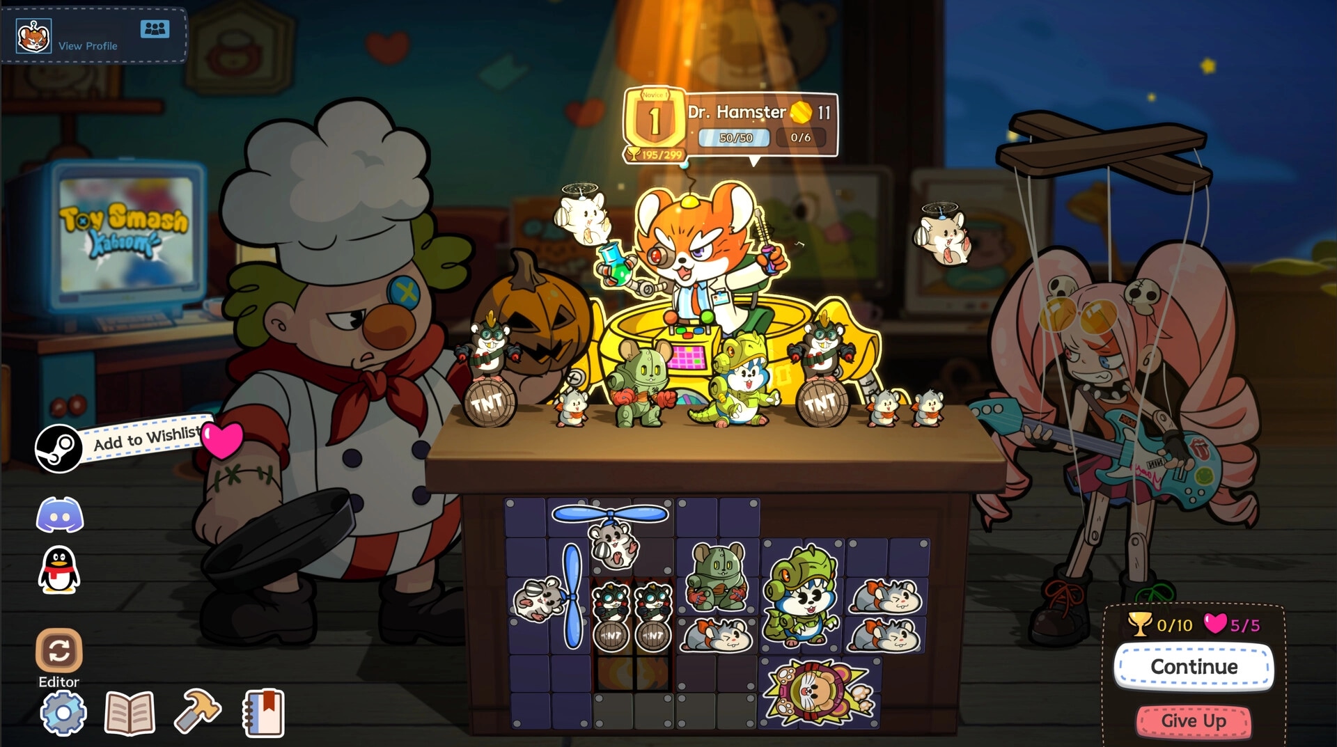 Toy Smash Kaboom!: Dr. Hamster on table with toys, surrounded by clown, puppet in cozy room setting.