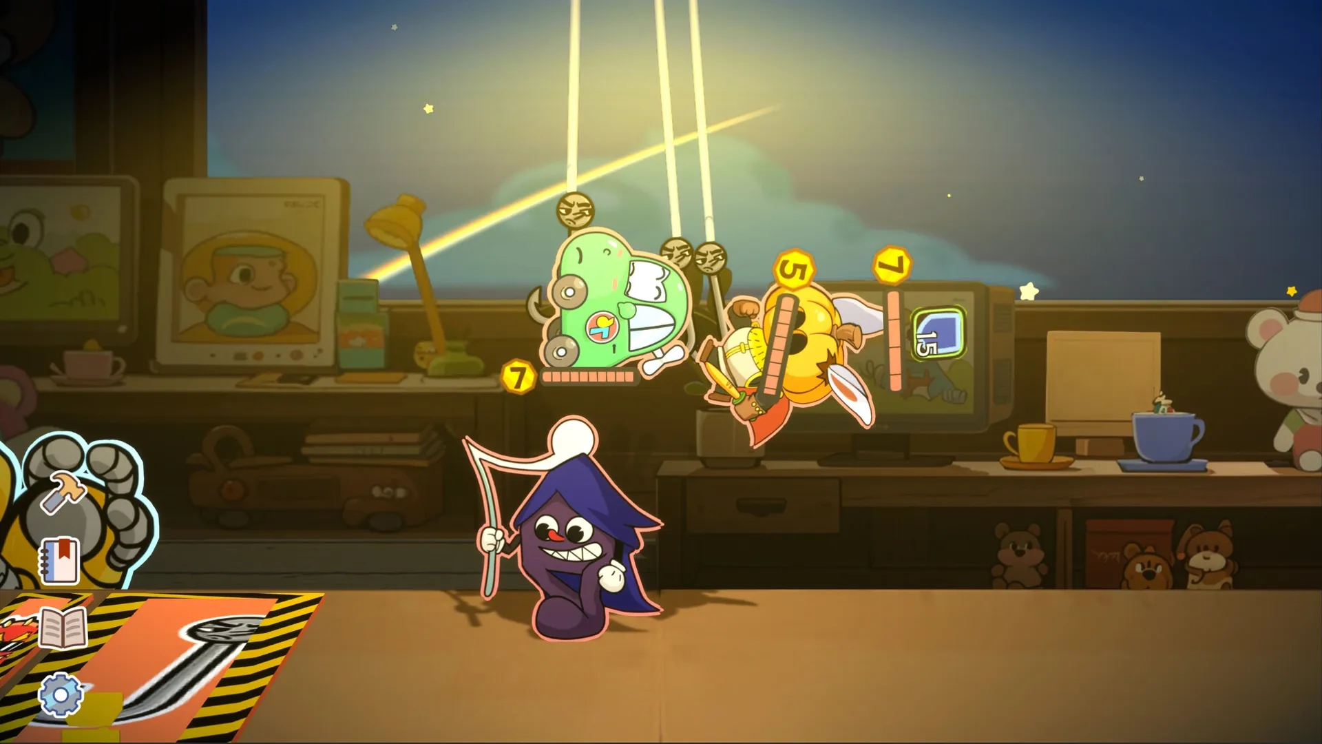 Toy Smash Kaboom!: Characters engage in combat on a desk with toy collectibles and a glowing backdrop.