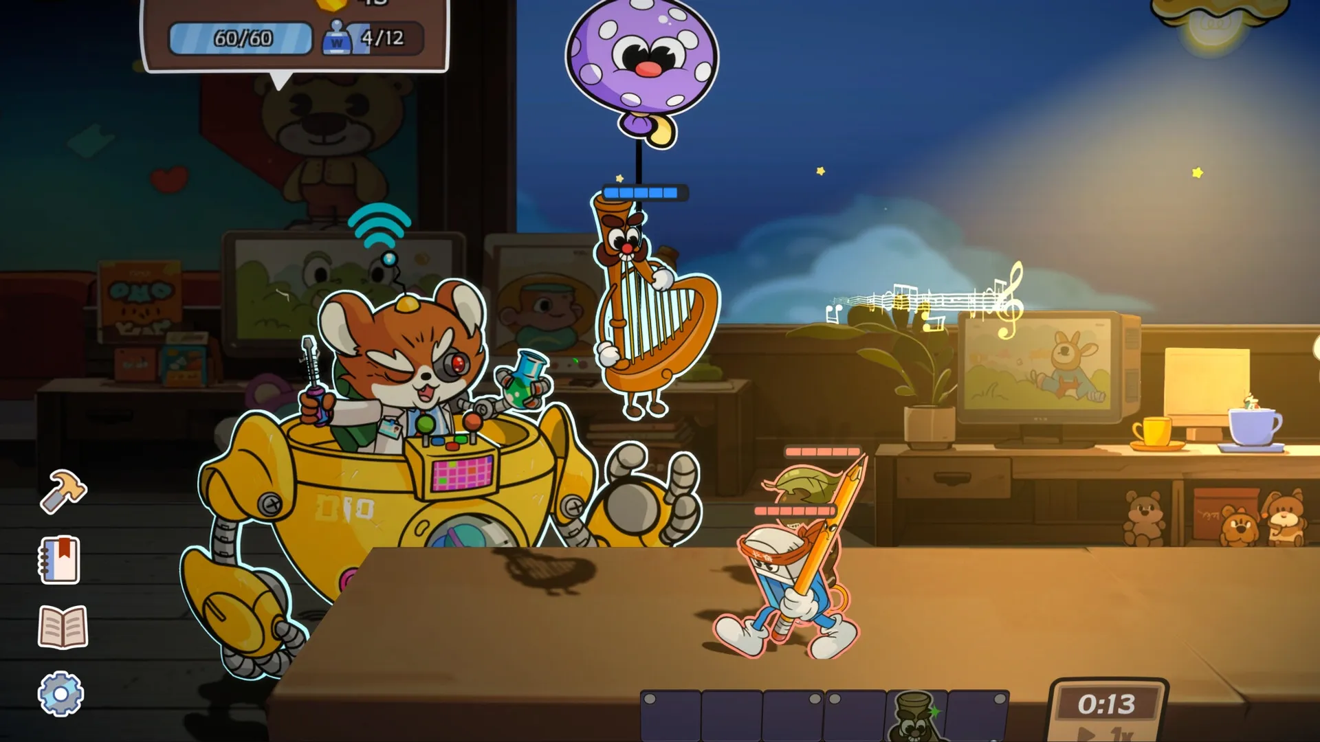 Toy Smash Kaboom!: Fox character in a yellow mech, battling harp and pencil enemies on a desk scene