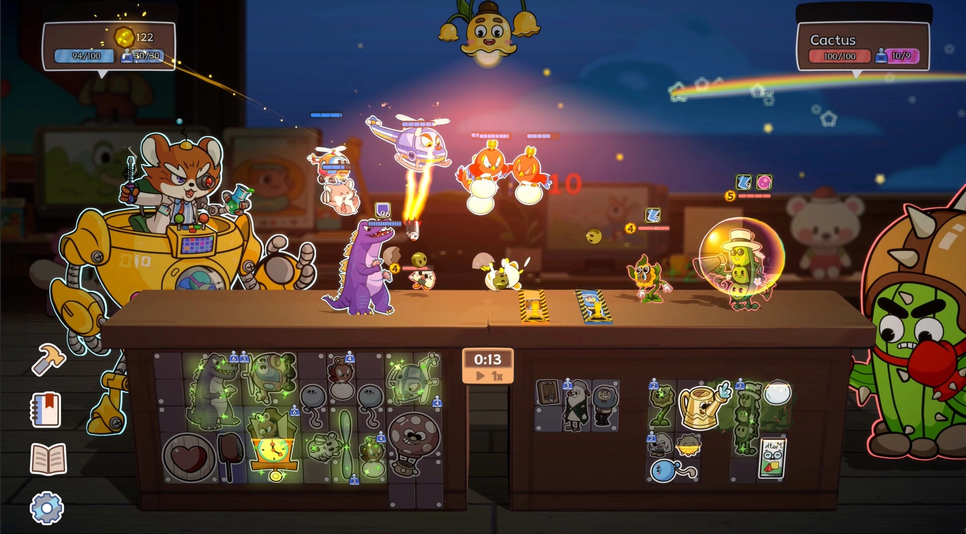 Toy Smash Kaboom!: Combat scene with cartoon characters battling on a table, inventory menu visible below.
