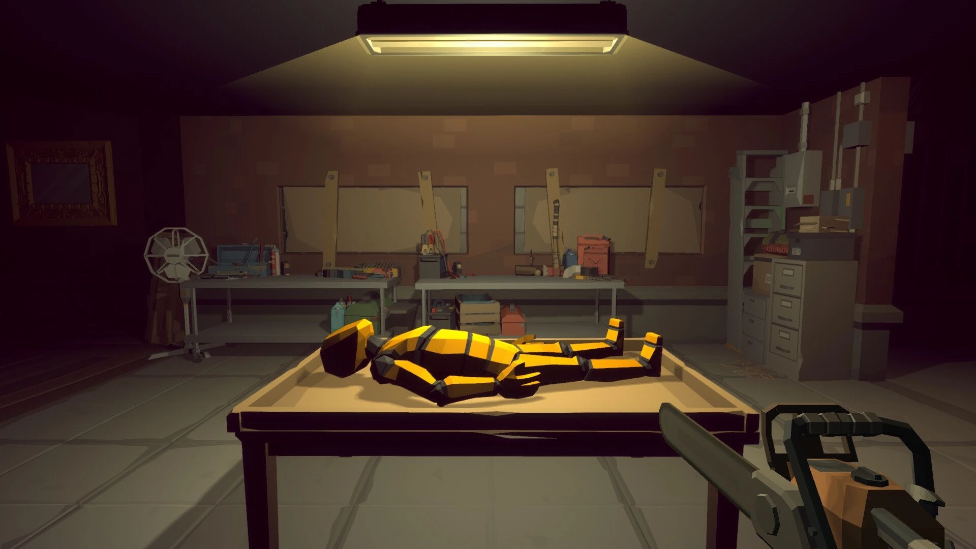 TOYCRAFTER: Workbench with yellow doll parts and crafting tools in dimly lit workshop environment.