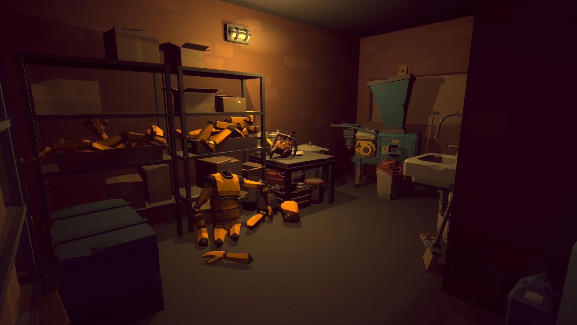 TOYCRAFTER: Doll parts scattered in dim workshop with shelves, workbench, and machinery around