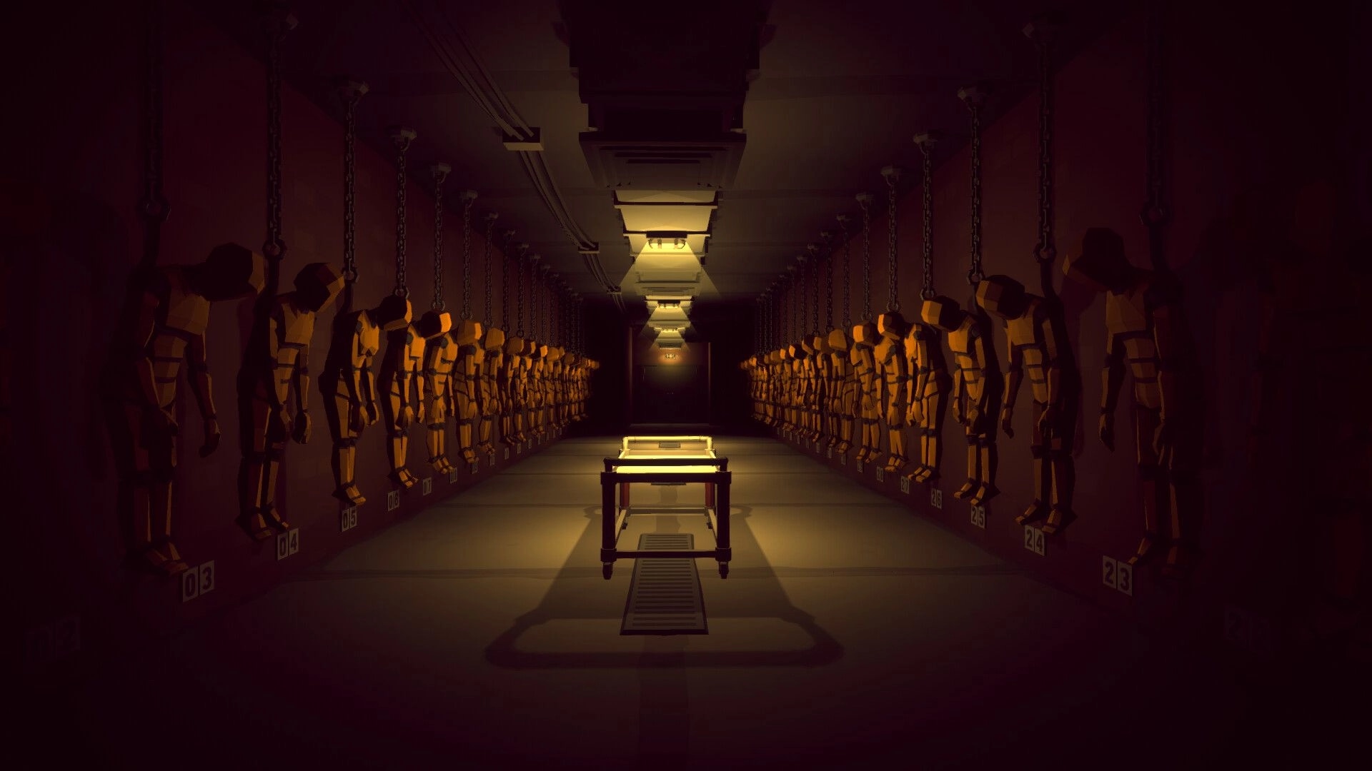 TOYCRAFTER: Dimly lit workshop with hanging mannequins and central crafting table in eerie hallway