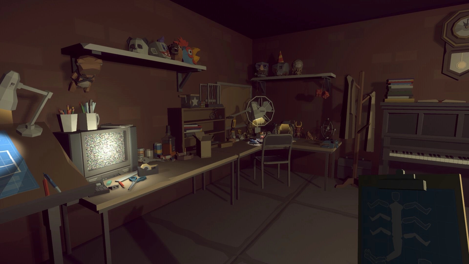 TOYCRAFTER: Crafting room with cluttered desks, static TV, and shelves of toy parts in dim lighting.
