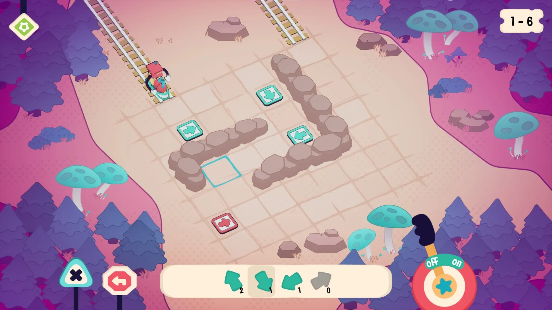 Trackastrophe!: Train navigating rocky path with directional tiles in whimsical forest setting